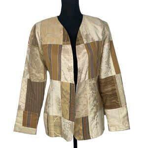 Vtg PIECES Women Open Front Long Sleeve Patchwork Blazer Sz 10 Beige Gold 55-5